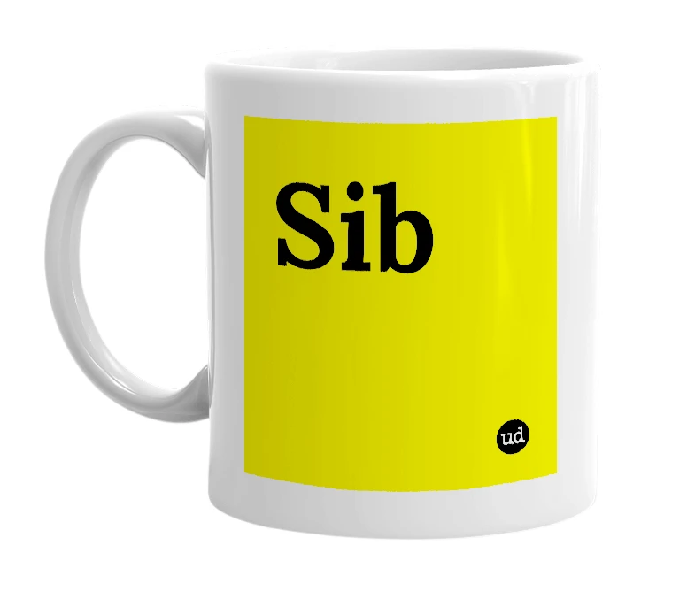 White mug with 'Sib' in bold black letters