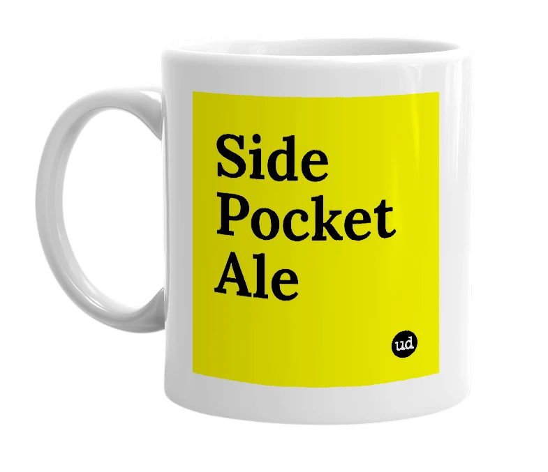 White mug with 'Side Pocket Ale' in bold black letters