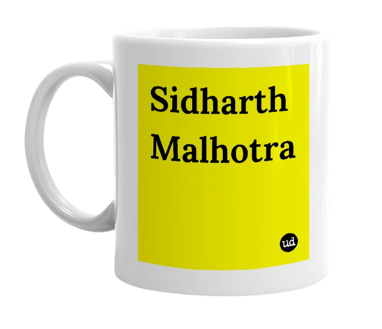 White mug with 'Sidharth Malhotra' in bold black letters