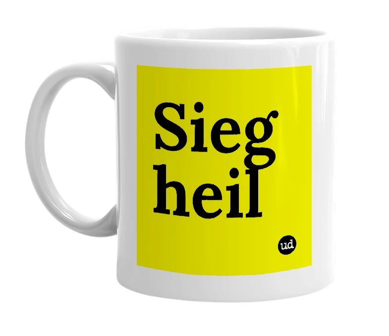 White mug with 'Sieg heil' in bold black letters