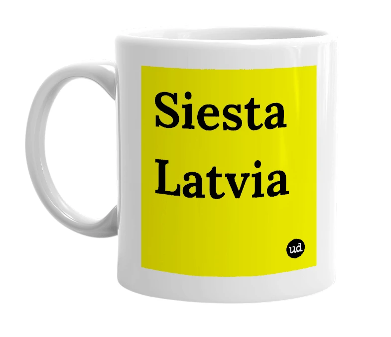 White mug with 'Siesta Latvia' in bold black letters