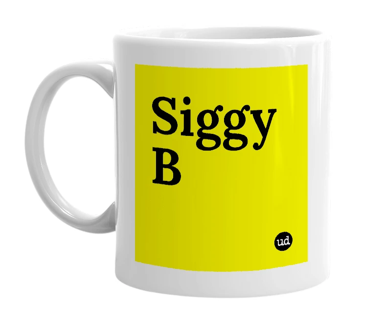 White mug with 'Siggy B' in bold black letters