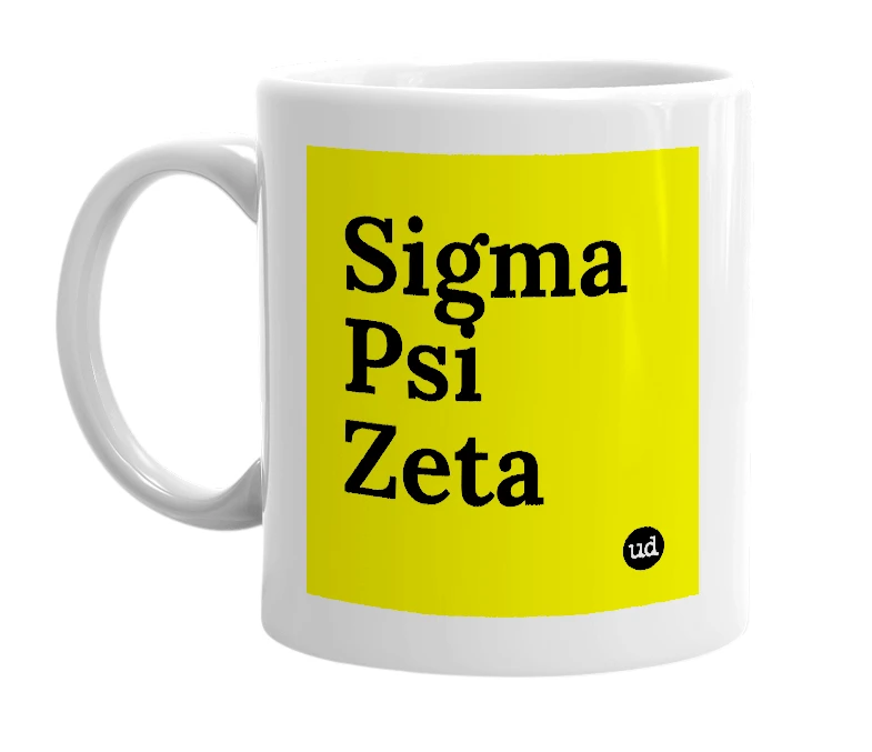 White mug with 'Sigma Psi Zeta' in bold black letters
