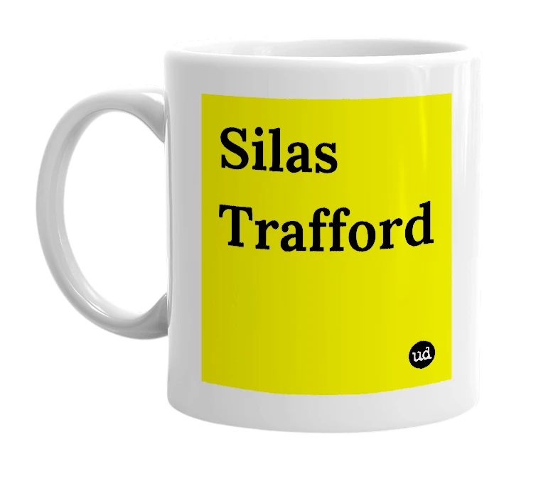 White mug with 'Silas Trafford' in bold black letters