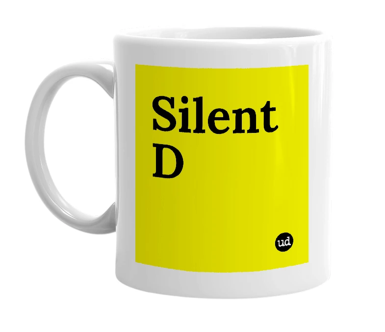 White mug with 'Silent D' in bold black letters