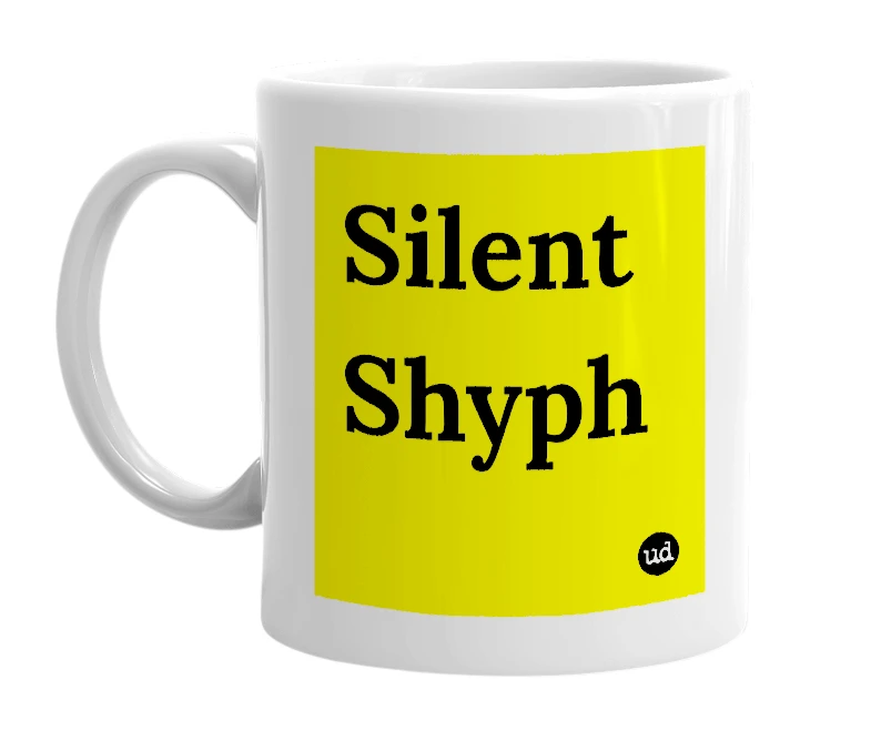 White mug with 'Silent Shyph' in bold black letters