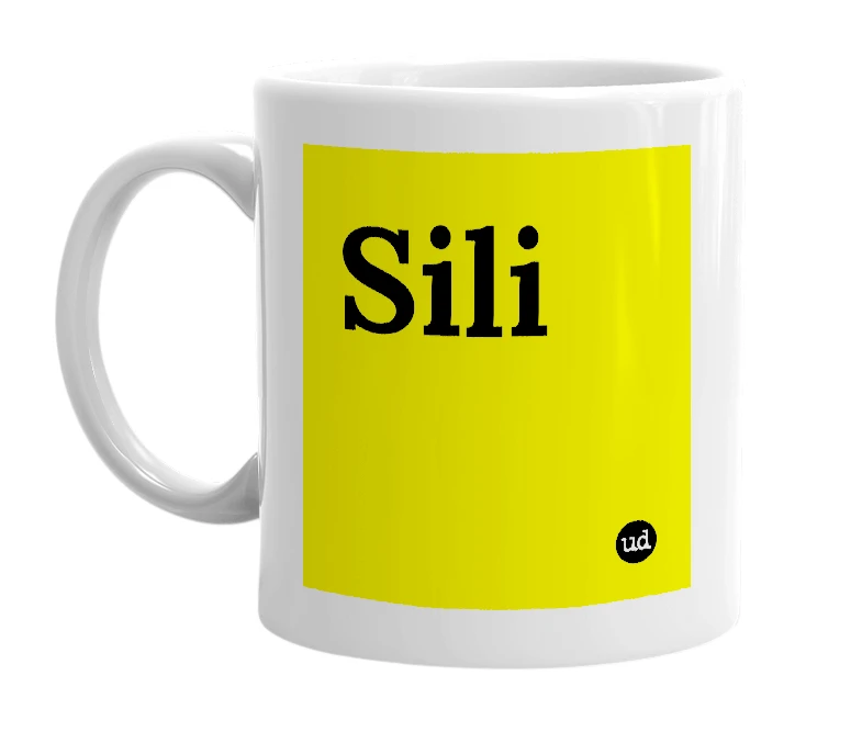 White mug with 'Sili' in bold black letters