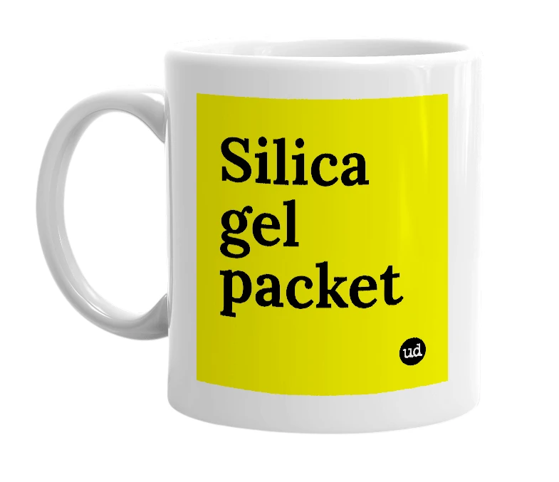 White mug with 'Silica gel packet' in bold black letters