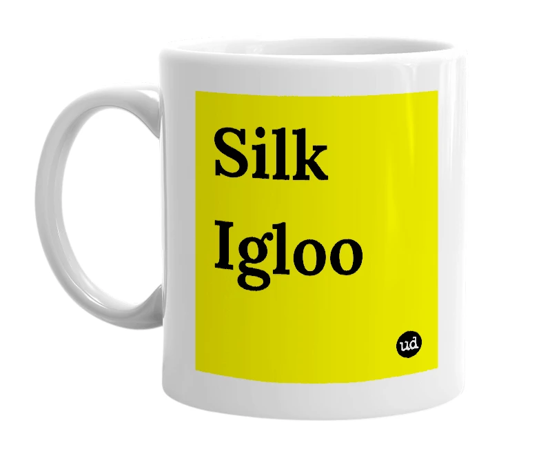 White mug with 'Silk Igloo' in bold black letters
