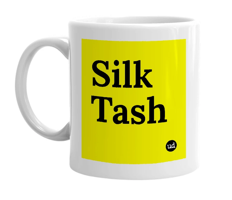 White mug with 'Silk Tash' in bold black letters