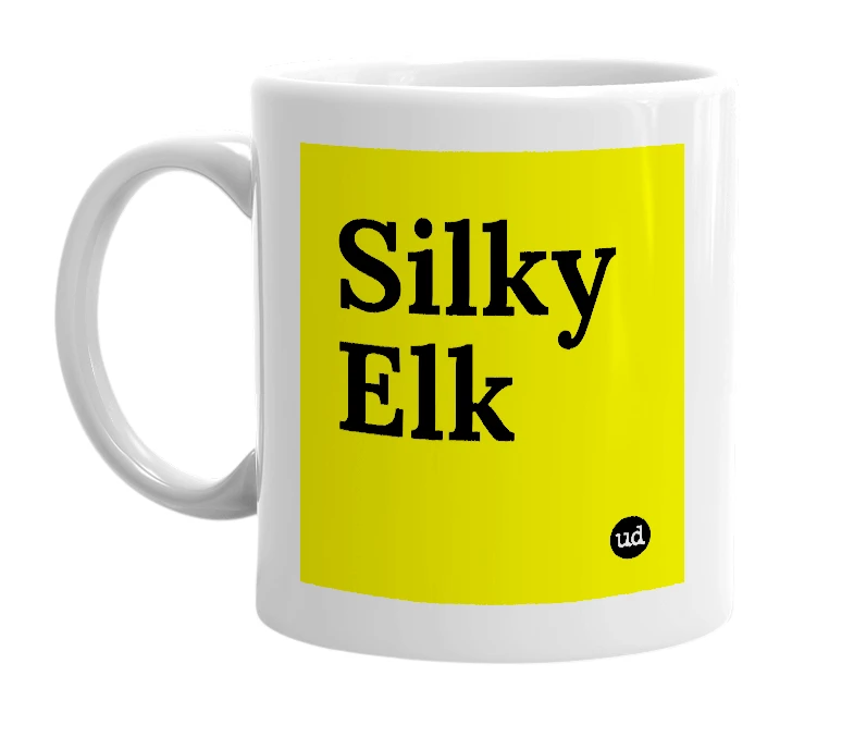 White mug with 'Silky Elk' in bold black letters