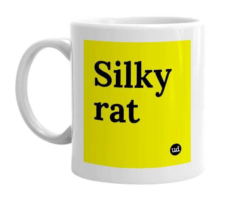 White mug with 'Silky rat' in bold black letters