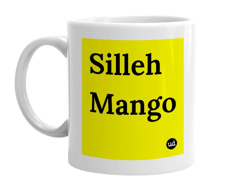 White mug with 'Silleh Mango' in bold black letters