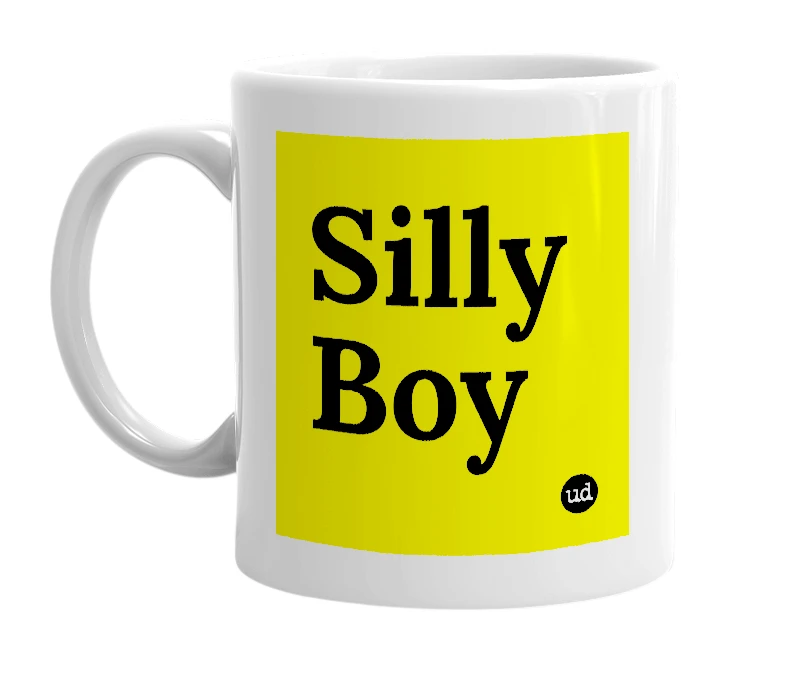 White mug with 'Silly Boy' in bold black letters