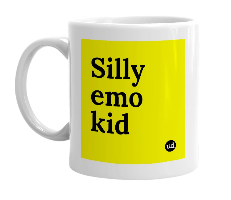 White mug with 'Silly emo kid' in bold black letters