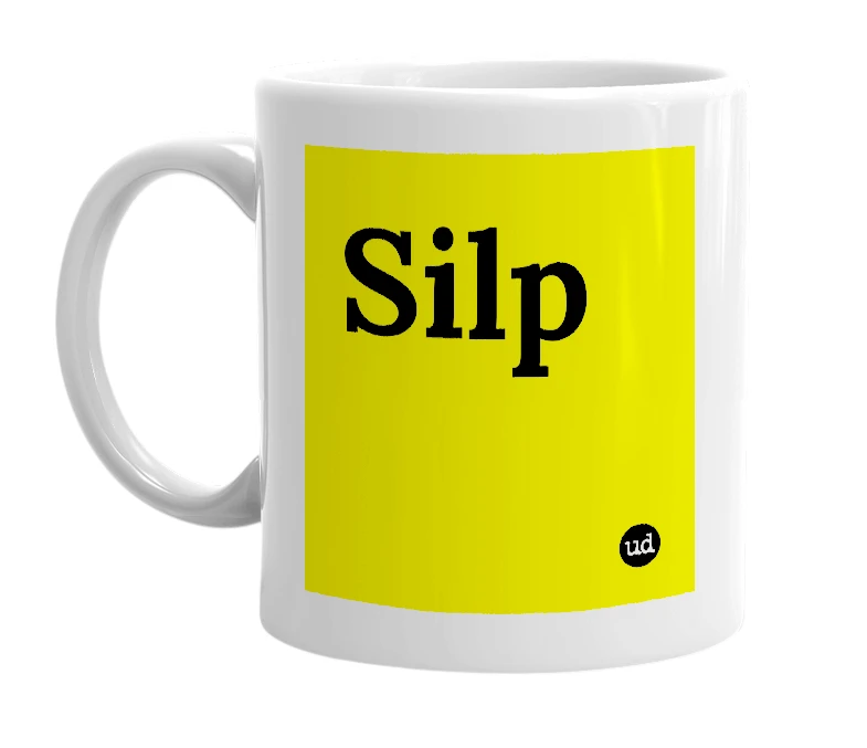 White mug with 'Silp' in bold black letters