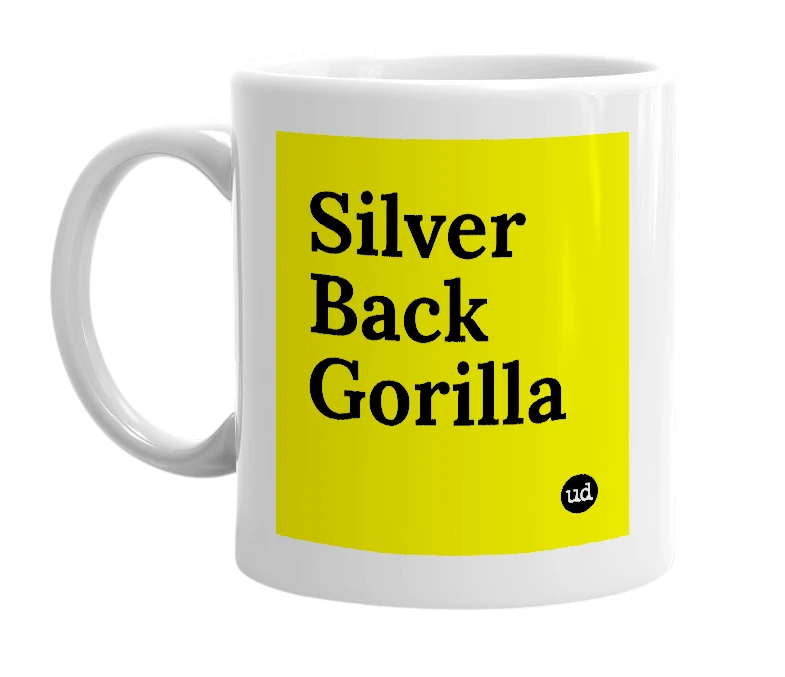 White mug with 'Silver Back Gorilla' in bold black letters