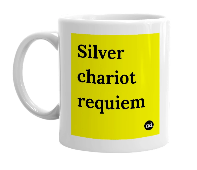 White mug with 'Silver chariot requiem' in bold black letters