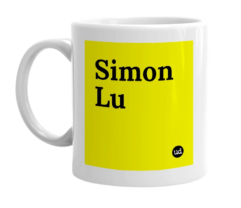 White mug with 'Simon Lu' in bold black letters