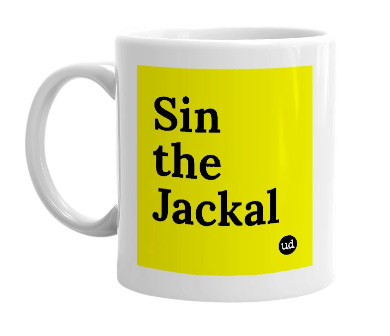 White mug with 'Sin the Jackal' in bold black letters
