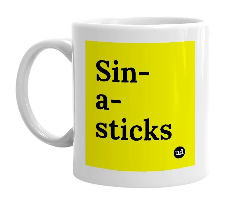 White mug with 'Sin-a-sticks' in bold black letters