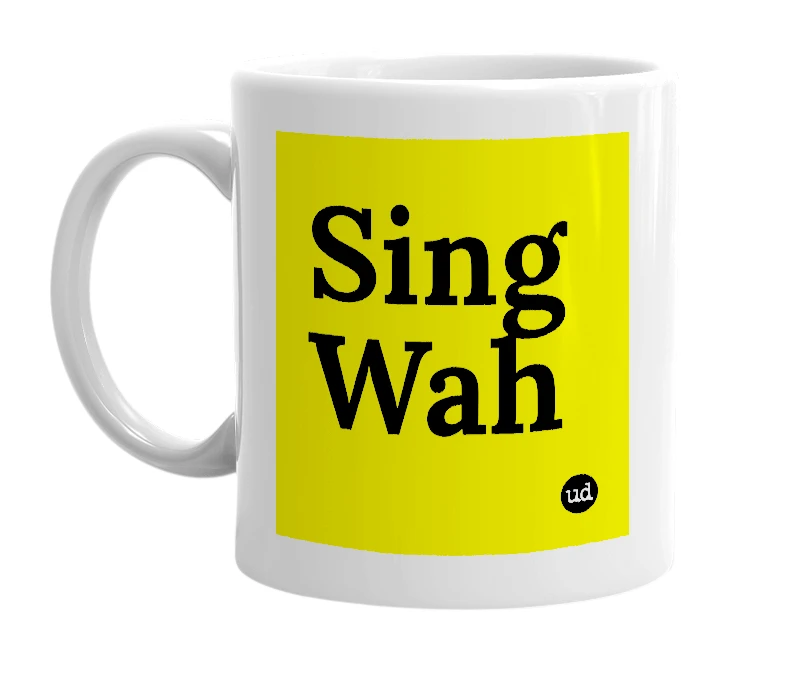 White mug with 'Sing Wah' in bold black letters