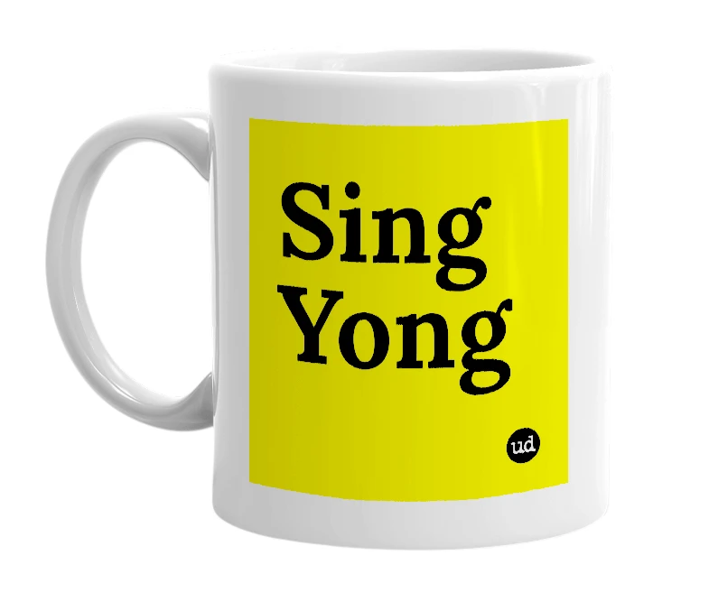White mug with 'Sing Yong' in bold black letters