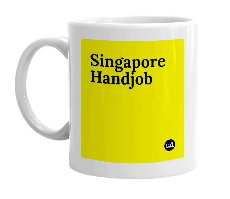 White mug with 'Singapore Handjob' in bold black letters