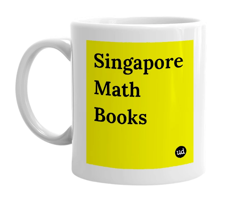 White mug with 'Singapore Math Books' in bold black letters