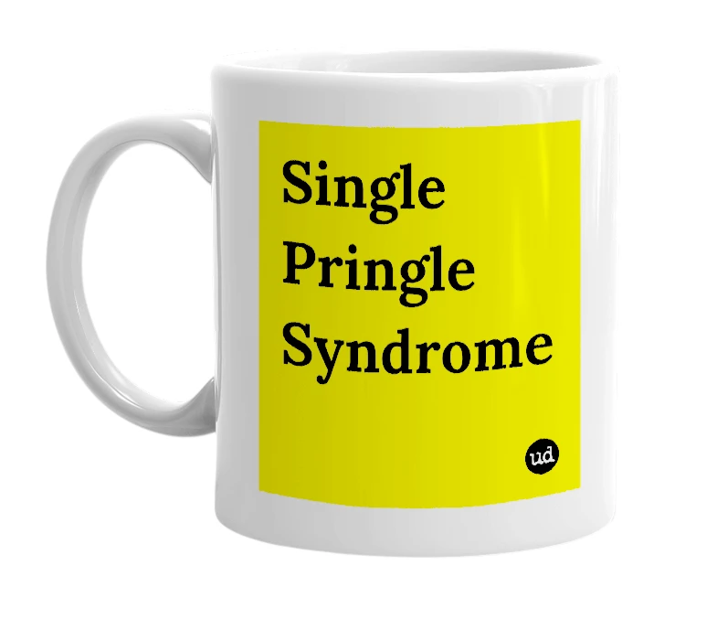 White mug with 'Single Pringle Syndrome' in bold black letters