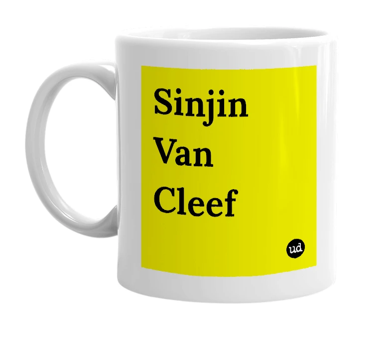 White mug with 'Sinjin Van Cleef' in bold black letters