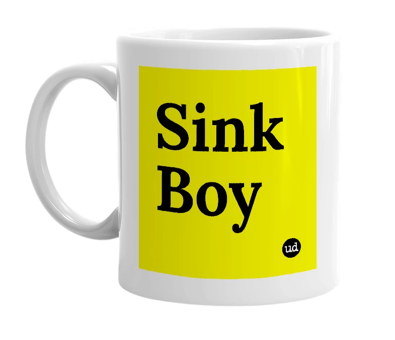 White mug with 'Sink Boy' in bold black letters