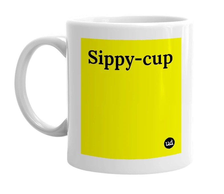 White mug with 'Sippy-cup' in bold black letters