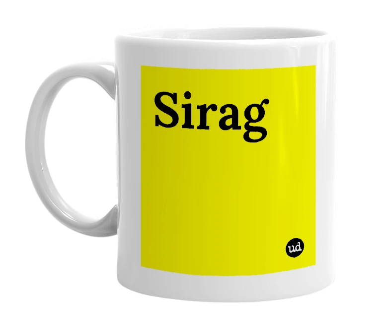 White mug with 'Sirag' in bold black letters