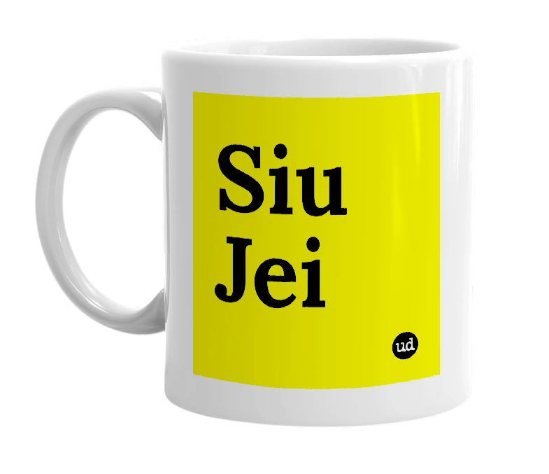 White mug with 'Siu Jei' in bold black letters