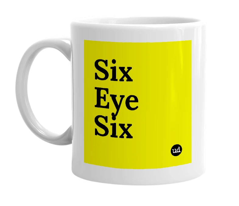 White mug with 'Six Eye Six' in bold black letters