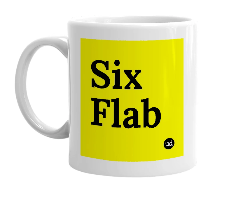 White mug with 'Six Flab' in bold black letters