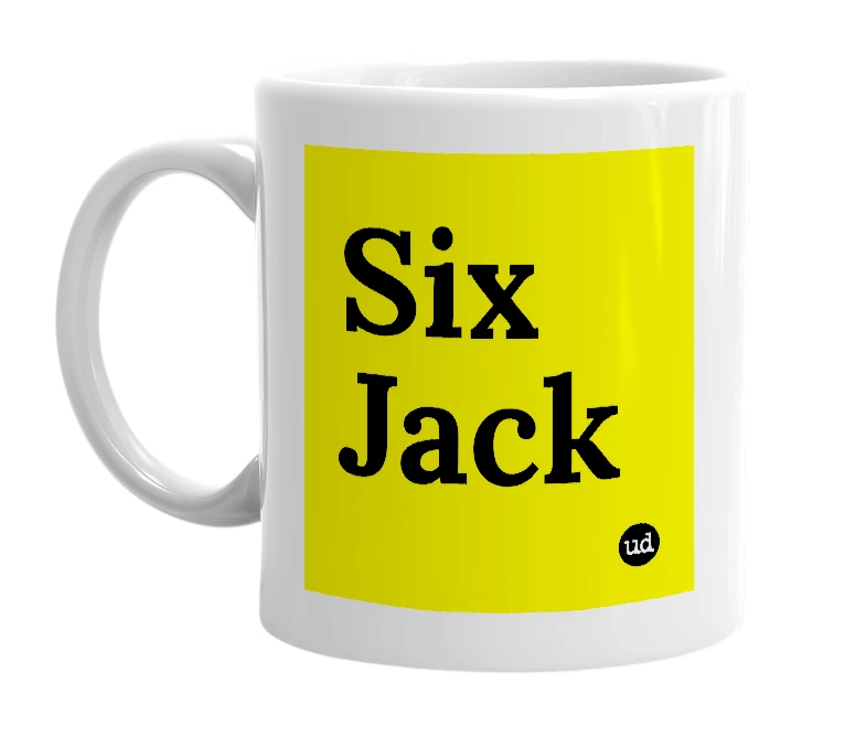 White mug with 'Six Jack' in bold black letters