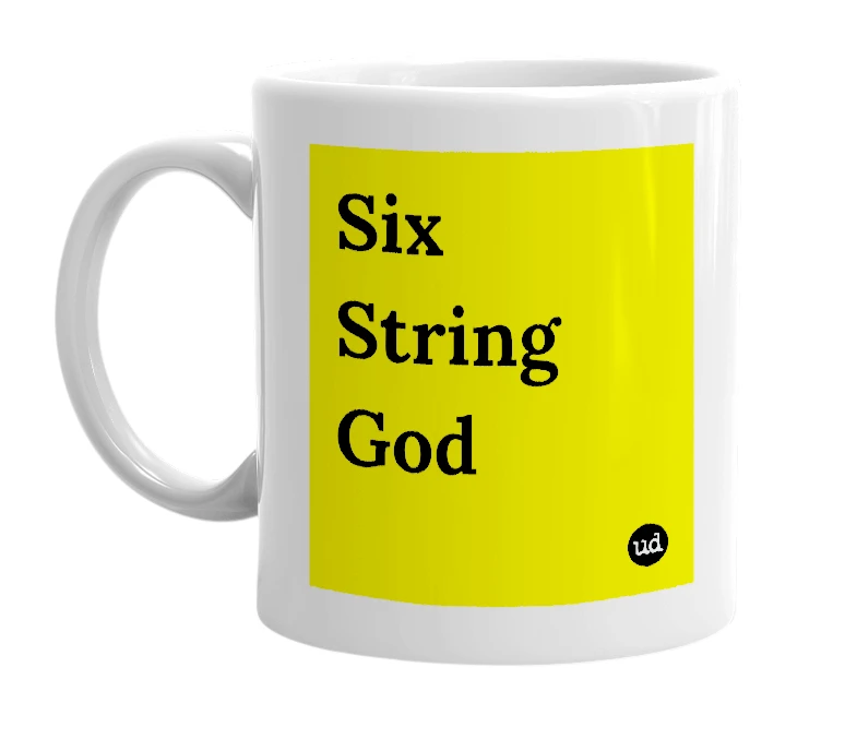 White mug with 'Six String God' in bold black letters