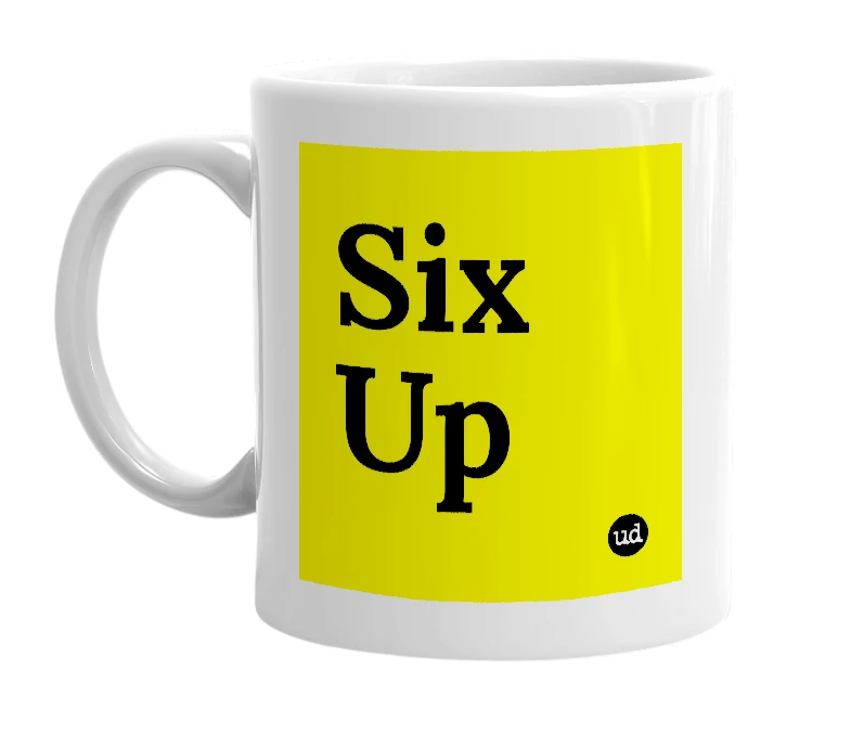 White mug with 'Six Up' in bold black letters