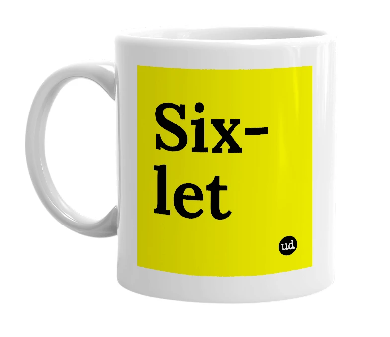 White mug with 'Six-let' in bold black letters