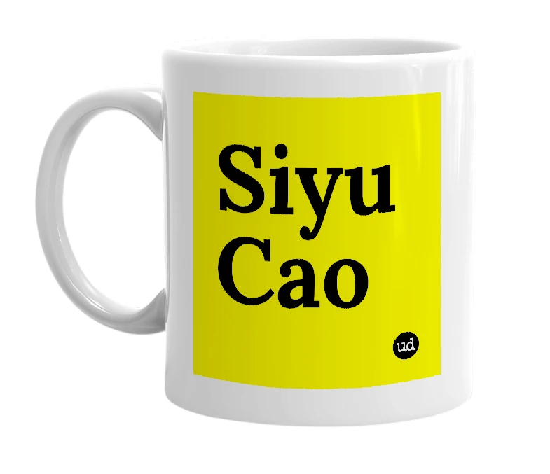 White mug with 'Siyu Cao' in bold black letters