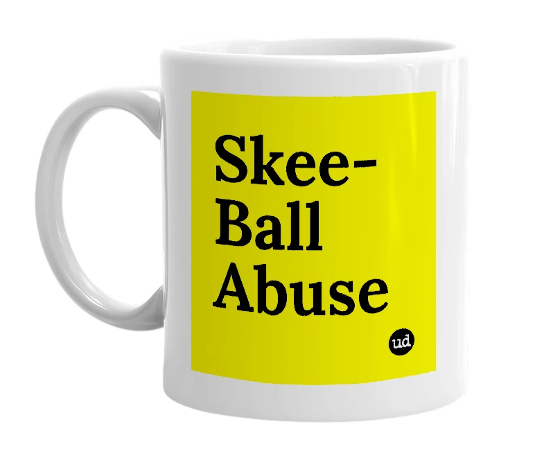 White mug with 'Skee-Ball Abuse' in bold black letters