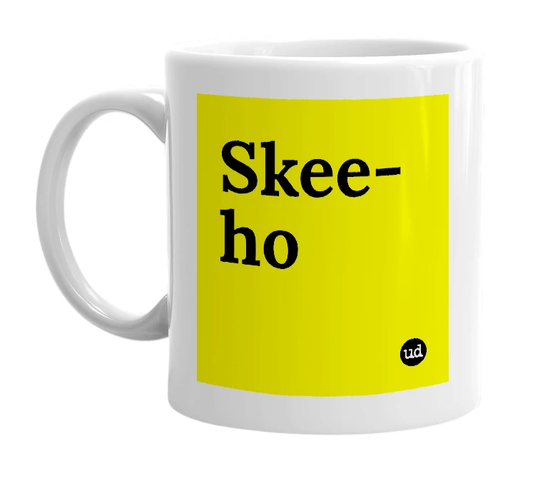 White mug with 'Skee-ho' in bold black letters