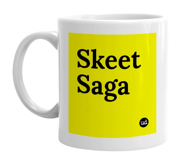 White mug with 'Skeet Saga' in bold black letters