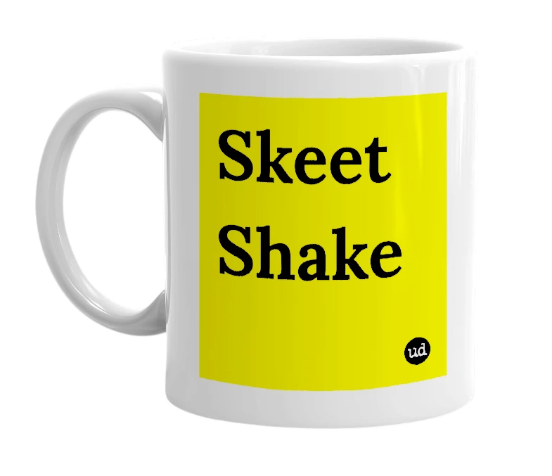 White mug with 'Skeet Shake' in bold black letters