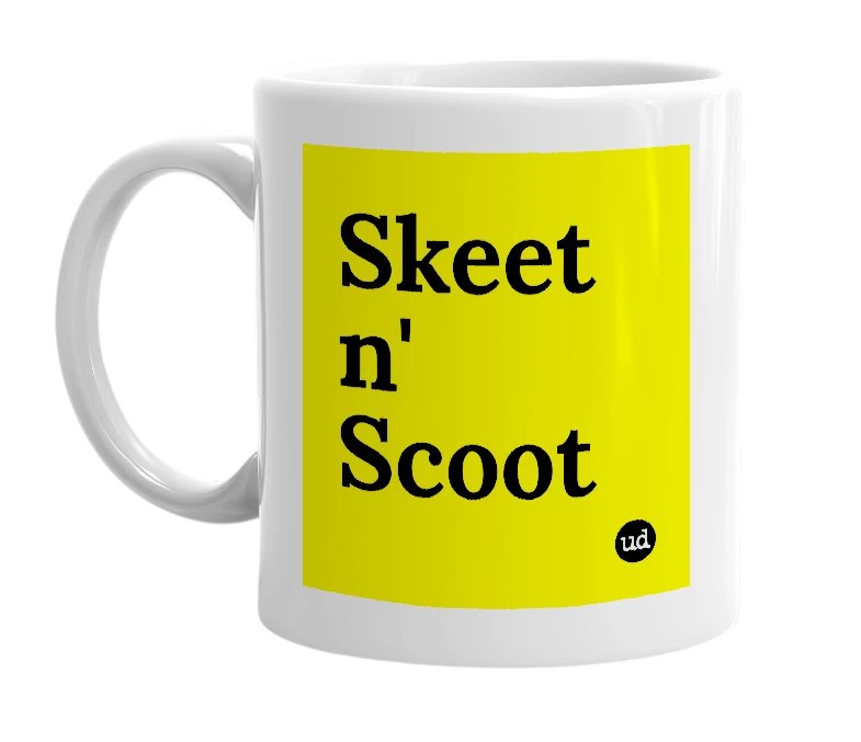 White mug with 'Skeet n' Scoot' in bold black letters