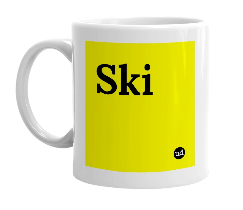 White mug with 'Ski' in bold black letters