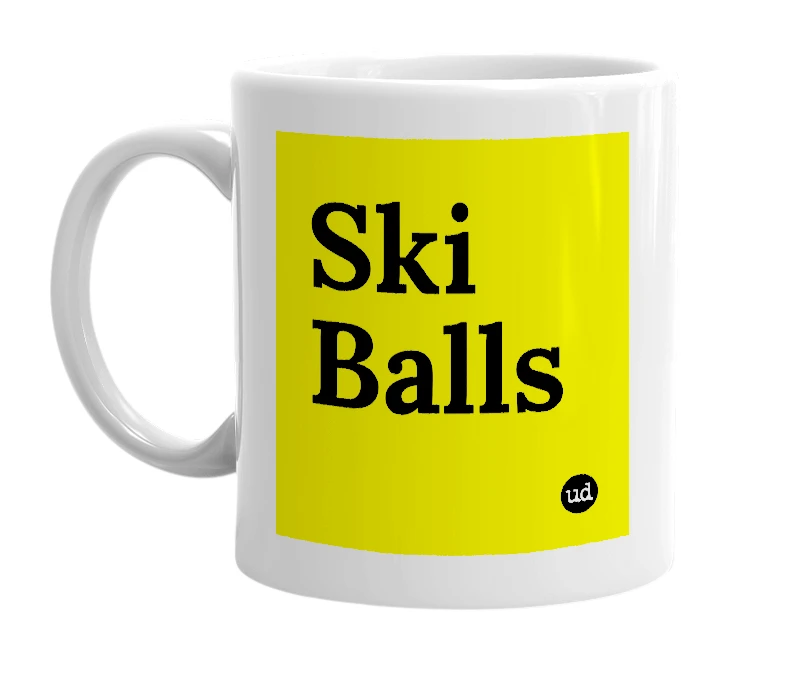 White mug with 'Ski Balls' in bold black letters