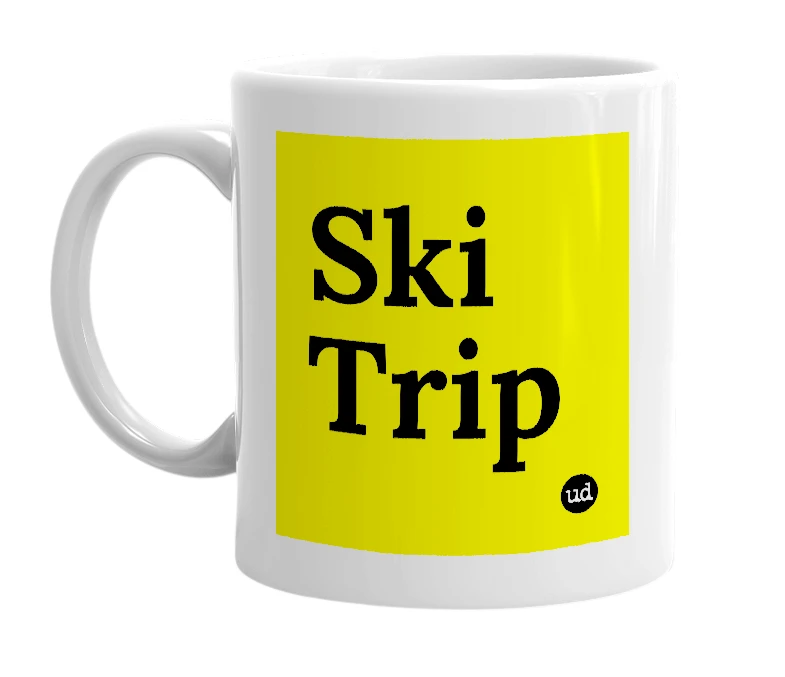 White mug with 'Ski Trip' in bold black letters